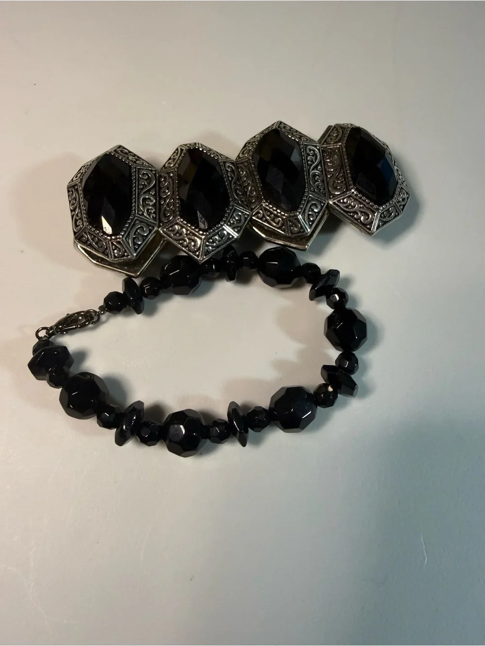 Black Faceted Bead and Ornate Silver-Tone Stretch Curated Bracelet Set B1